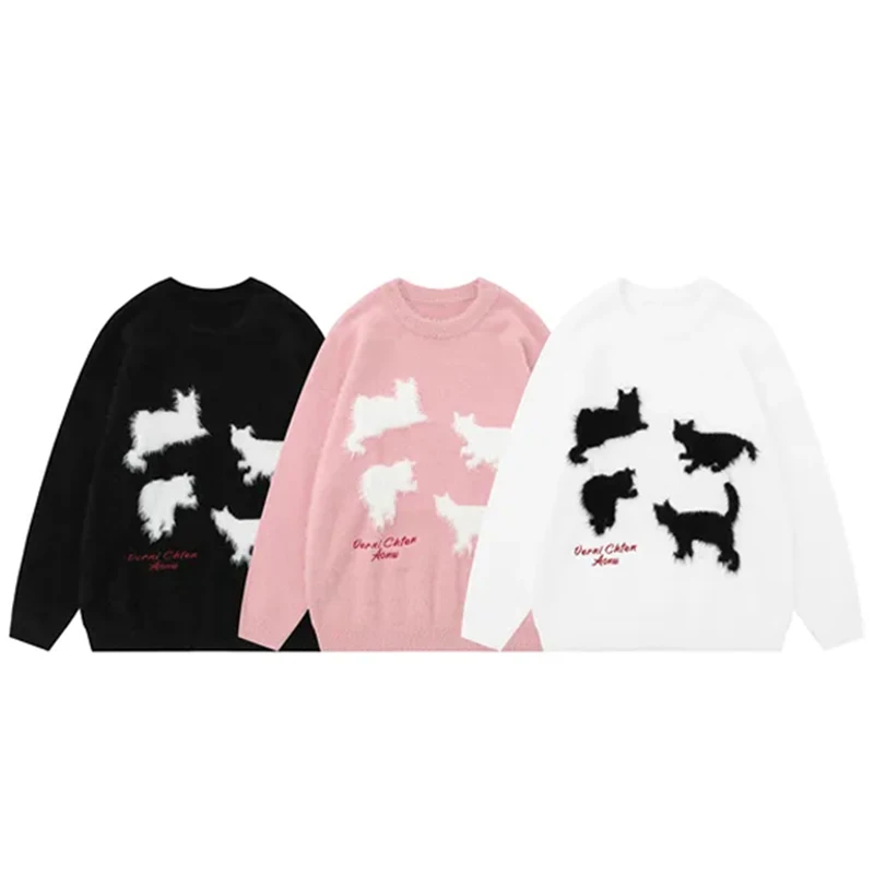 Mohair Cartoon Cat Knitwear Sweater 2023 Winter Y2K Vintage Pullovers Soft Wool Men\'s Jumpers Oversized Women Sweater Streetwear