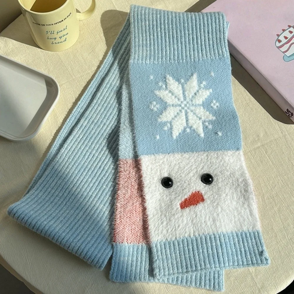 

Cute Snowflake Snowman Pattern Scarf Korean Style Windproof Cashmere Blend Scarf Warm Blue Knitted Shawl Winter