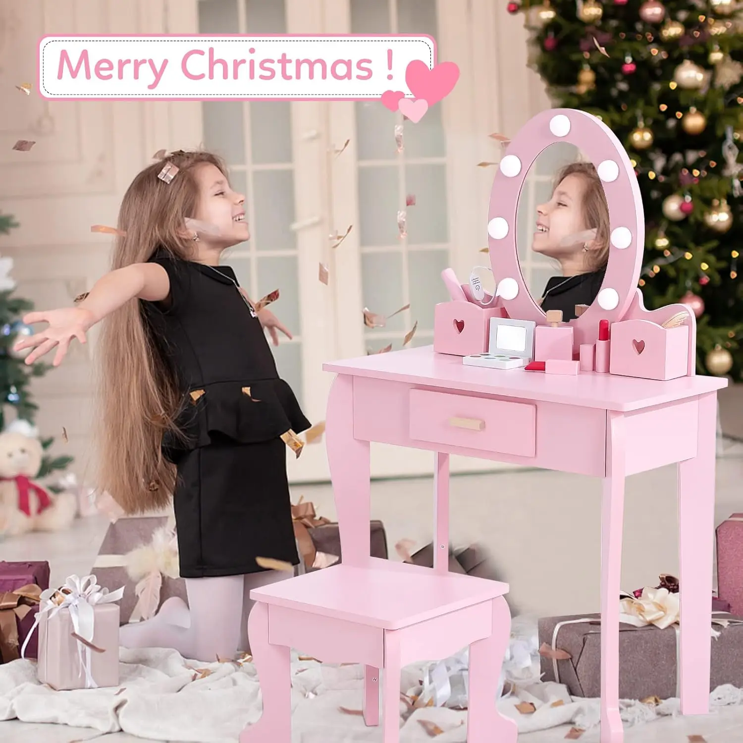 Girls Vanity Table & Chair Set with Lights and Drawer 4
