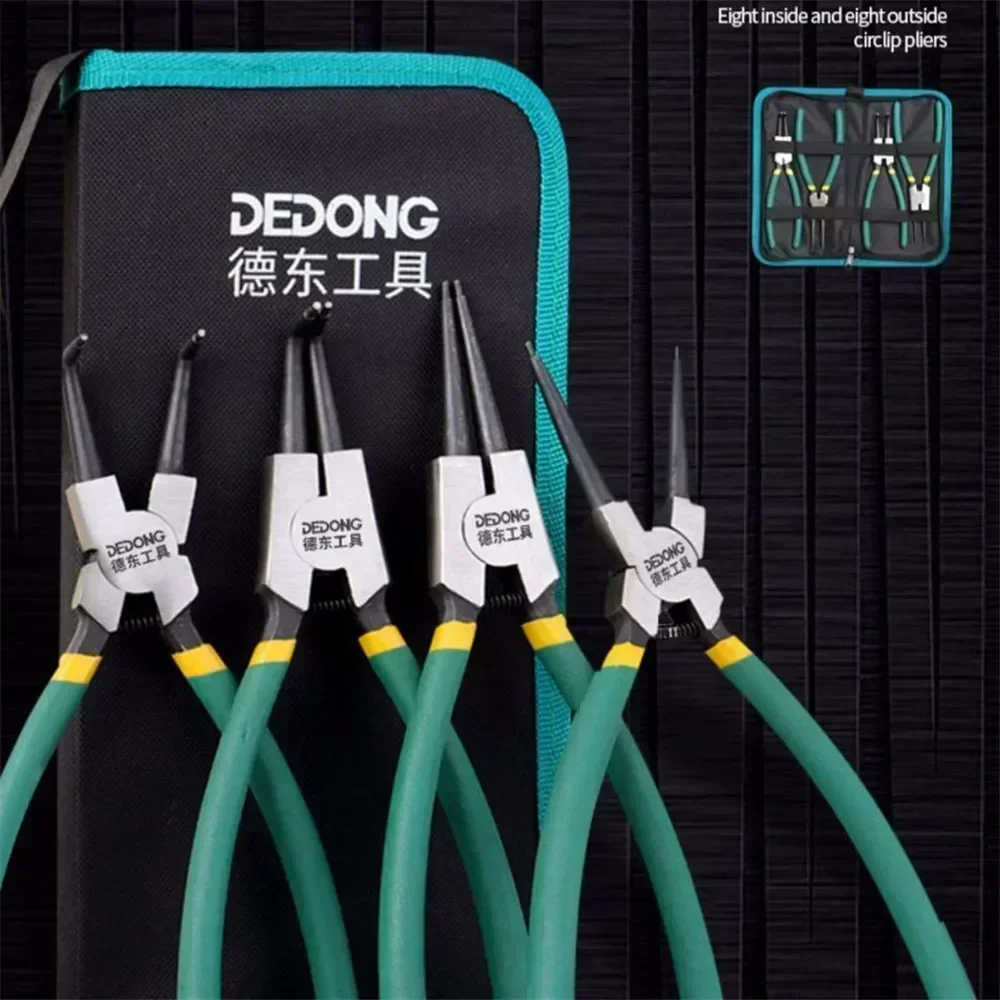 

4 шт., 7-дюймовые плоскогубцы с длинным носом и сумкой для хранения, прямые изогнутые плоскогубцы, внутренний внешний стопорный инструмент для снятия стопорного кольца, ручной инструмент
