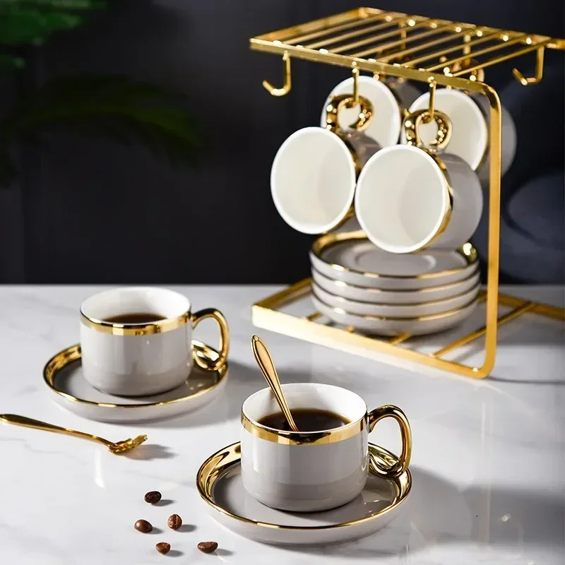 

European Small Luxury Coffee Cup Set with Tray Office Coffee Cup Saucer Gold Rim Afternoon Tea Cup Saucer Spoon Home Tableware