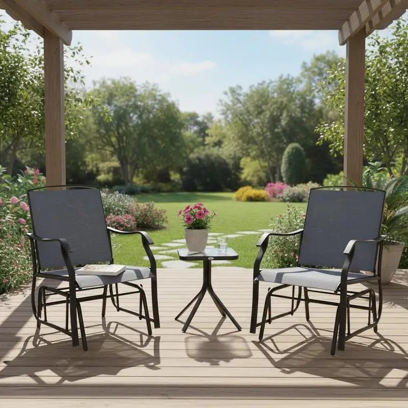 3 Piece Outdoor Glider Chair with Coffee Table Bistro Set, 2 Patio Rocking Swing Chairs with Breathable Sling Fabric, Glass Tabletop, for Backyard, Garden and Porch, Gray