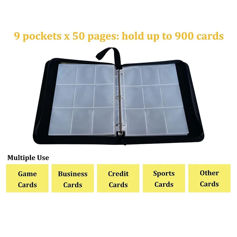 مجلد بطاقات التداول الموصى به للغاية 900 جيوب 9 جيوب مجموعة بطاقات للعبة/كرة القدم/بطاقة البيسبول باللون الأسود #3