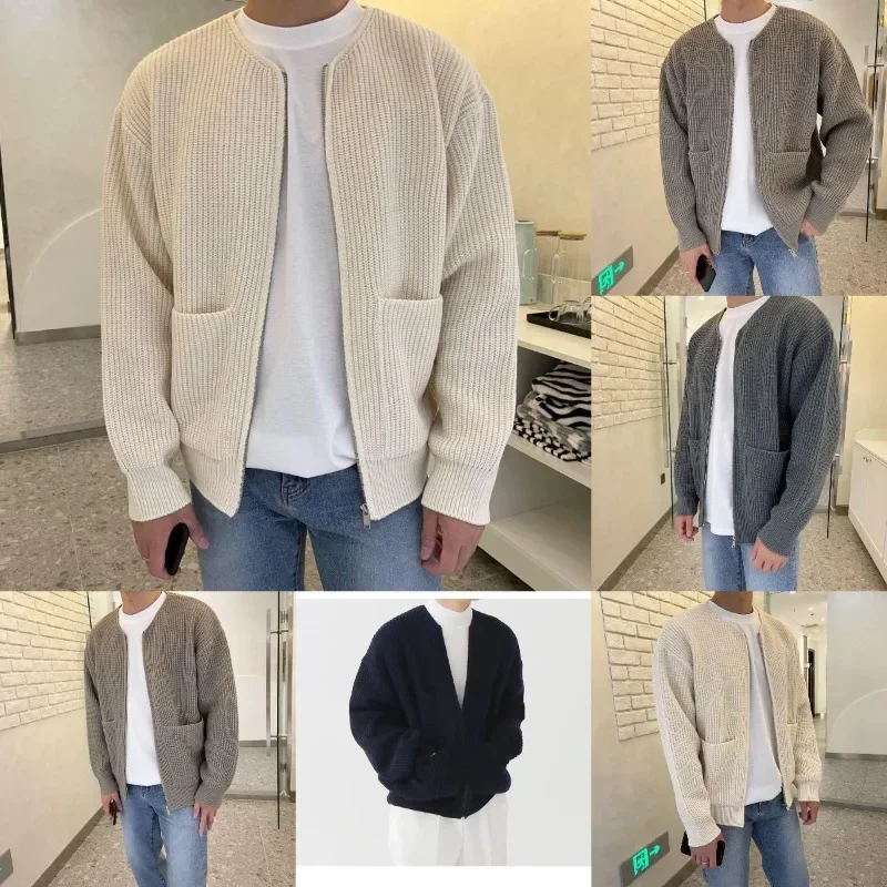 Men\'s Solid Color Slim-Fit Cardigan Zipper Sweater Autumn and Winter Sweater Coat Top Men Long Sleeve Stand Collar Sweater Coat