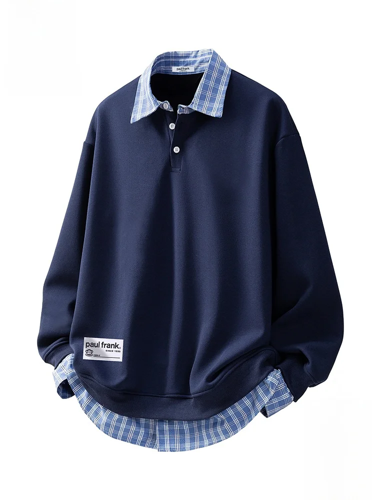 

PaulFrank Monkey Loose Casual Plaid Patchwork Collared Sweatirt Men's Autumn Comfortable Long Sve Youth Faion