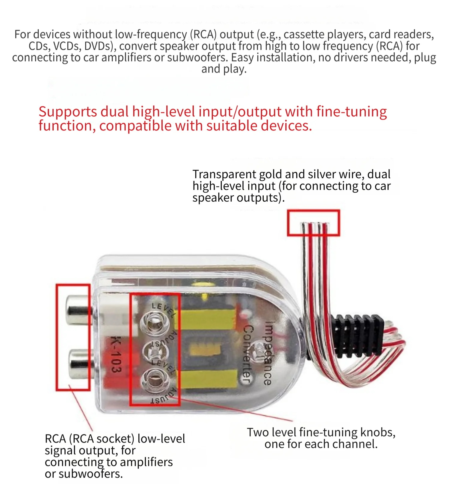 4pcs High Low Signal Converter For rca Adapter for Car to For amplifier Connection with Adjustable for volume Matching Knobs