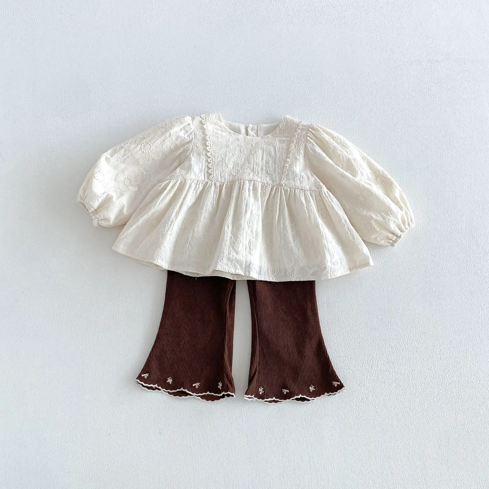 1-6Y Autumn Kids Girl Blouse 2Pcs Outfit Jacquard Doll Top Lace Flare Pants Girls Set Suspender Trousers Children Casual Suit