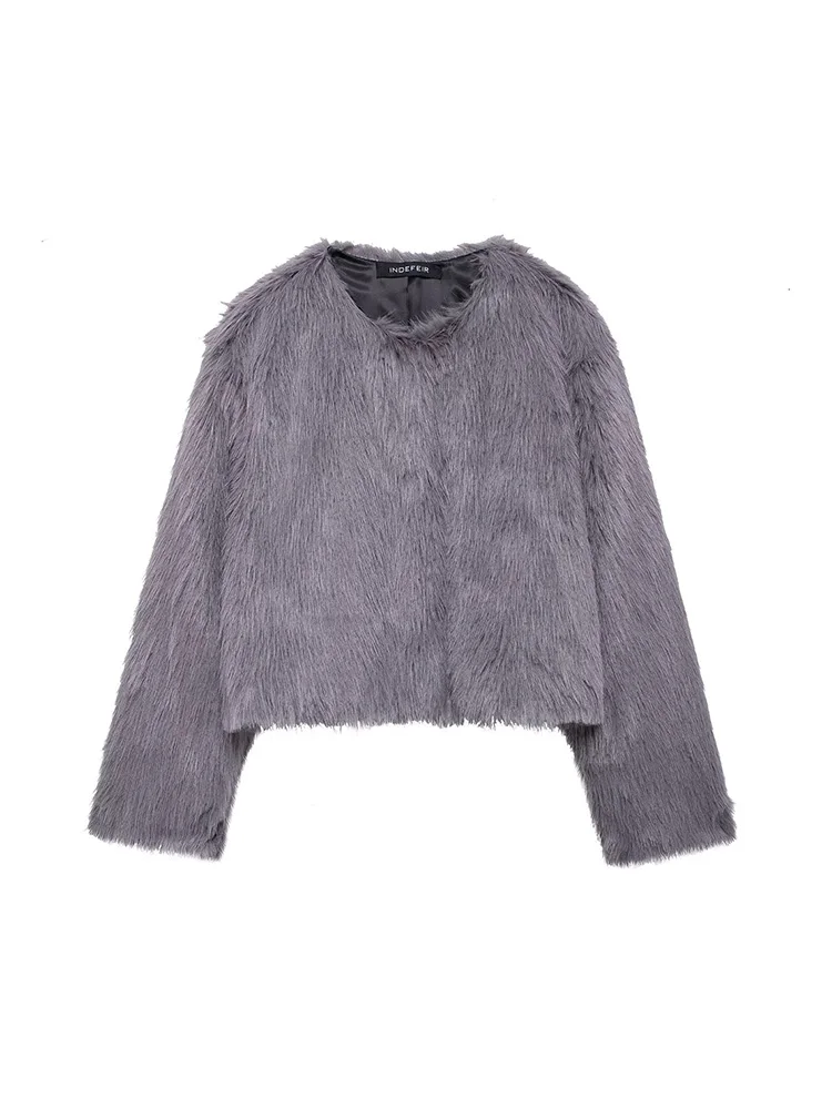 2024 New Autumn And Winter Women Loose Faux Fur Jacket Ladies Solid Color Warm Round Neck Cotton Jacket Top