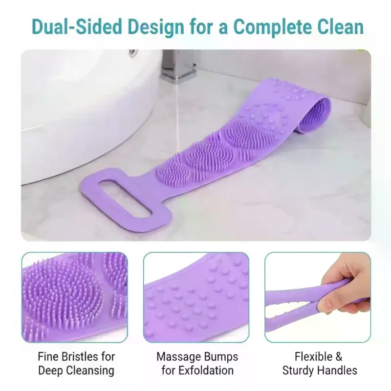 Silicone Shower Back Brush Extended Exfoliating Massage Scrubber Belt Soft for Deep Skin Clean Peeling Men Women Bath Spa Use