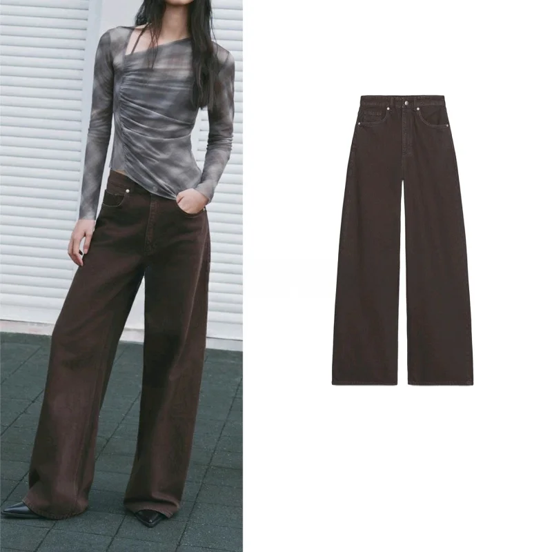 

Новые осенние женские сверхдлинные широкие джинсы с высокой талией, классические синие брюки прямого кроя с металлическими пуговицами и пятью кетами