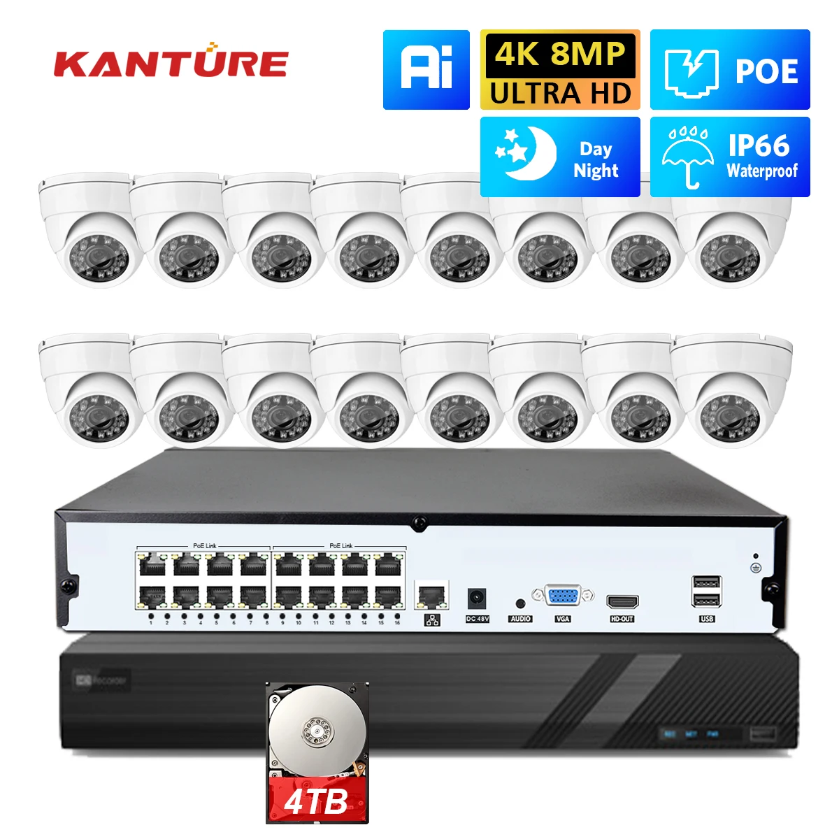 KANTURE-sistema de cámara IP de seguridad, Kit de videovigilancia impermeable de 8MP, 16 canales, 4K, HD, POE, detección humana IA para interiores y exteriores