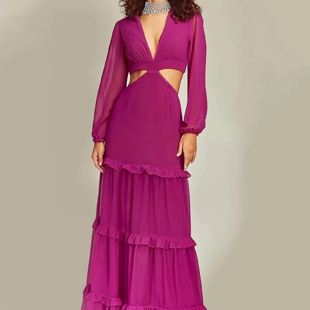 

Lace Up Back Sweep Train Pleats Long Sleeves Floor Length V-Neck Criss-Cross Sexy and Temperament Chiffon A-Line Evening Dress