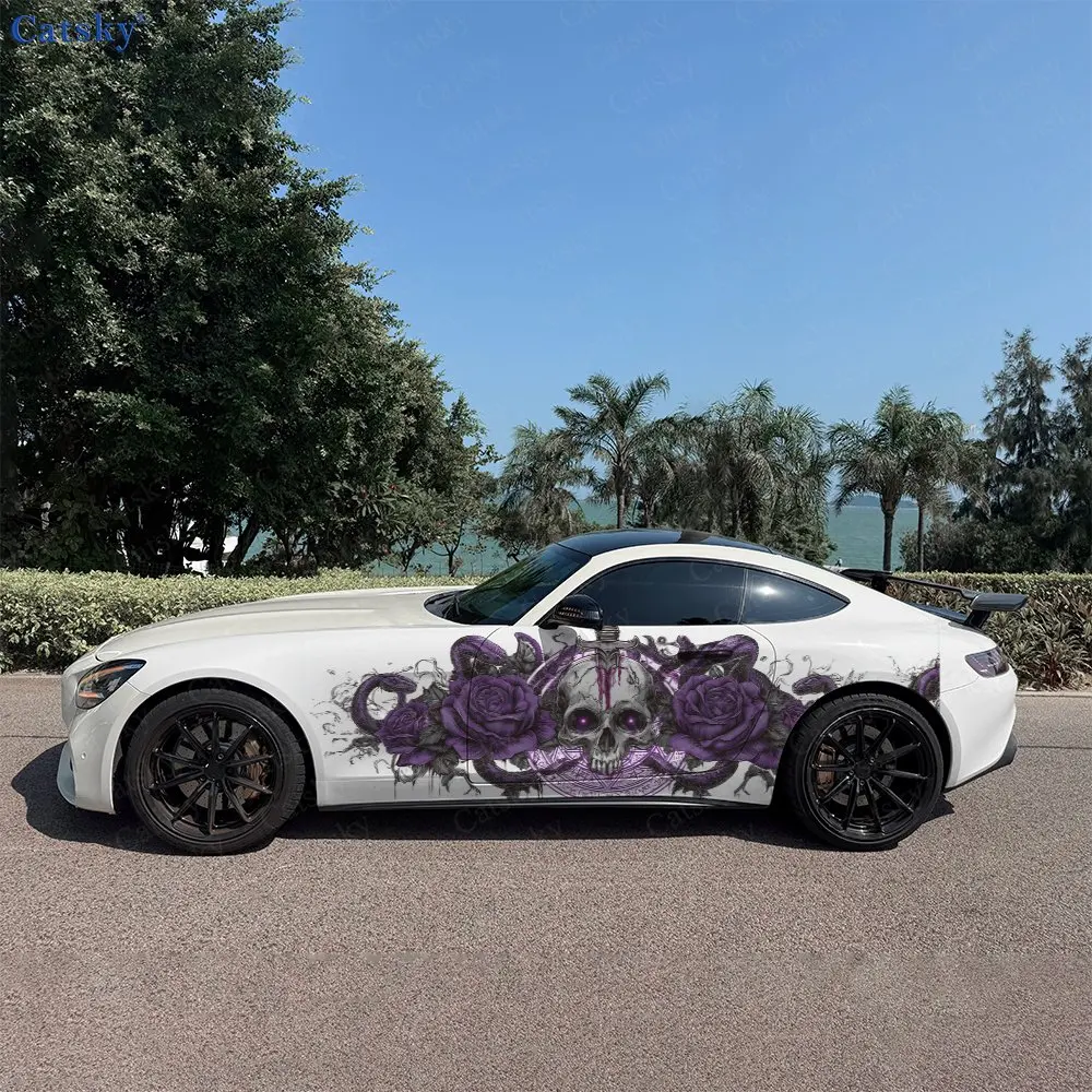 2Pcs Sword Split Skull Floral Snake Car Side Wrap, Self-Adhesive PVC Waterproof & Scratch-Resistant Stickers, Car Accessory Gift