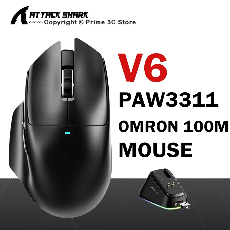 

ATTACK SHARK V6 Tri-Mode Wireless Gaming Mouse PAW3311 Bluetooth 25000DPI RGB Magnetic Charging Dock 65g Lightweight for Gamer