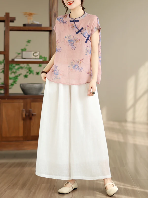 Summer 2026 Women's Cotton Linen Set Casual Wide Leg Pants Two-Piece Suit Vintage Versatile Button-Up Shirt Loose Fit Artisti...
