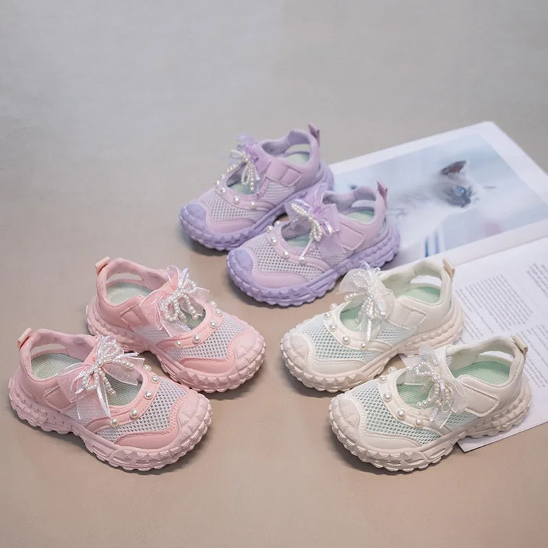 

Girls' Princess Sandals Summer 2026 New Children's Closed Toe Bow Pearl Shoes for Children Mesh Breathable Comfort Sneakers