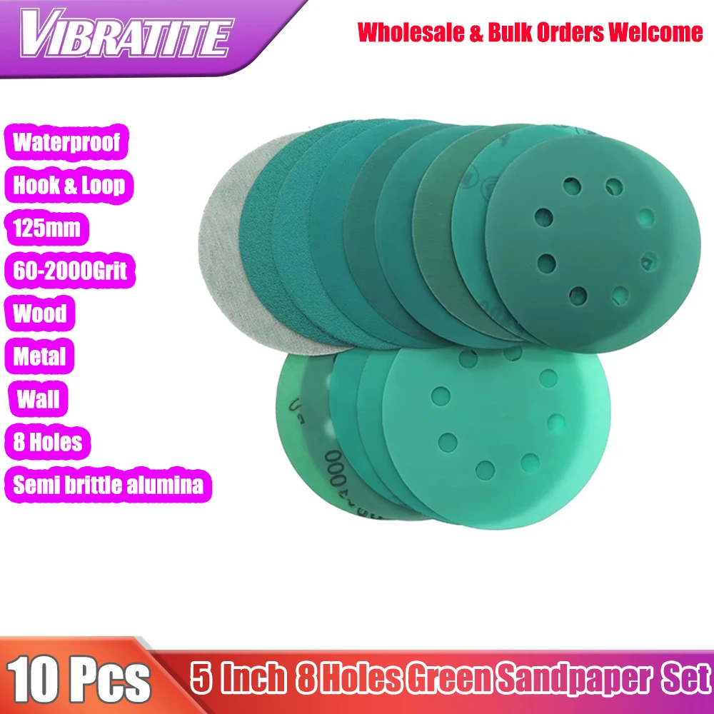 10Pcs 5 Inch 125MM 8 Holes 60 to 2000 Grits Hook and Loop Film Green Sandpaper Sanding Disc  Abrasive Tools