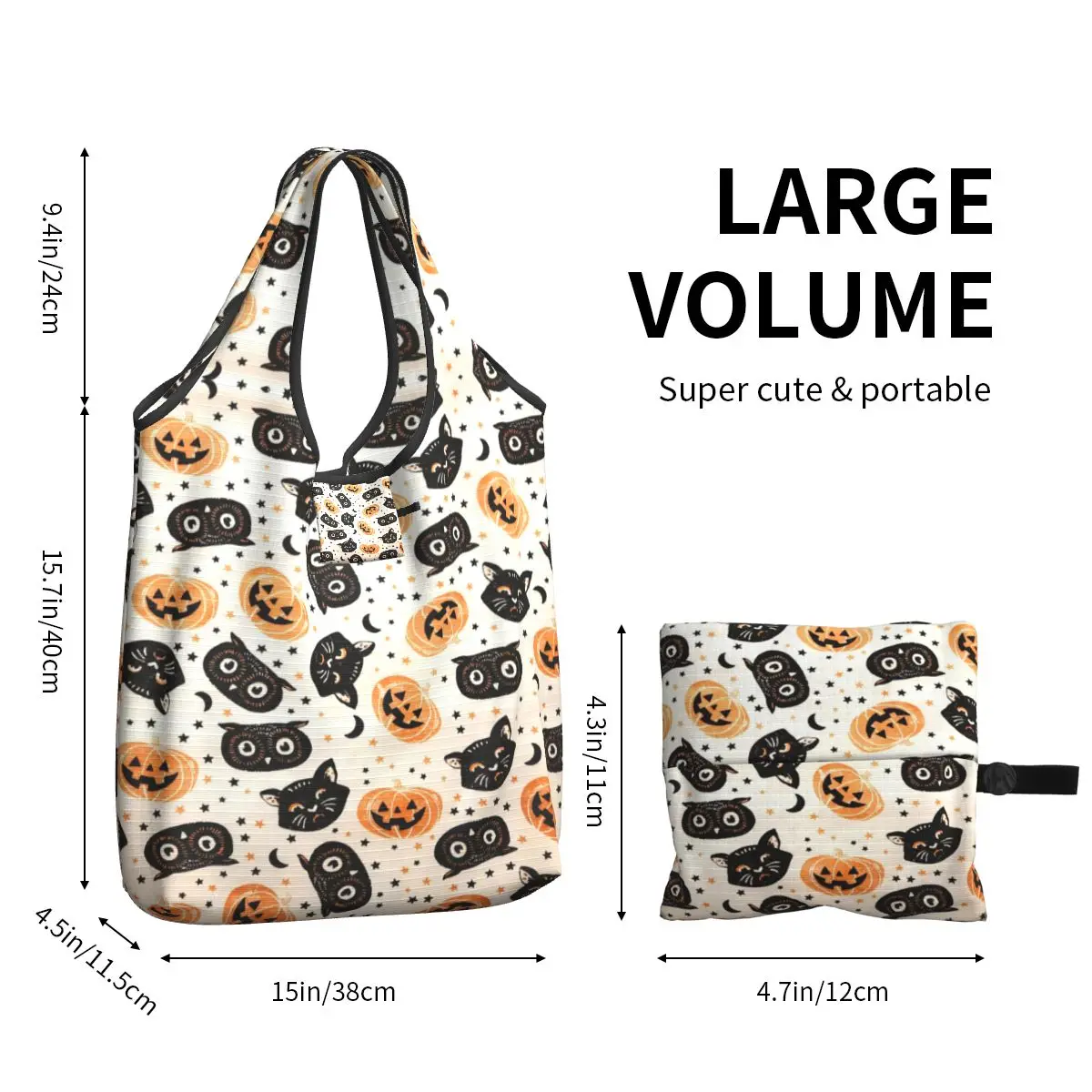 Cute Printed Halloween Pumpkin Owl Shopping Tote Bag Portable Shopper Shoulder Handbag