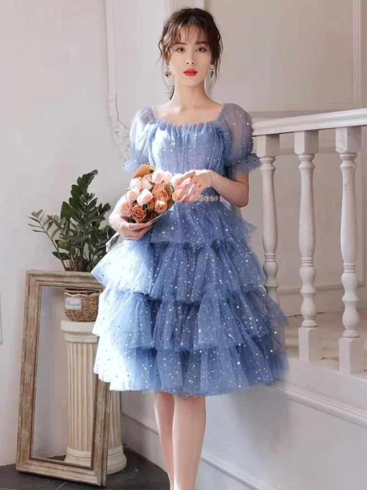 JEHETH Occation Party Prom Dress Blue Bling Tulle Square Collar Short Sleeves A-line Tiered Knee-length Plus size Evening Gown