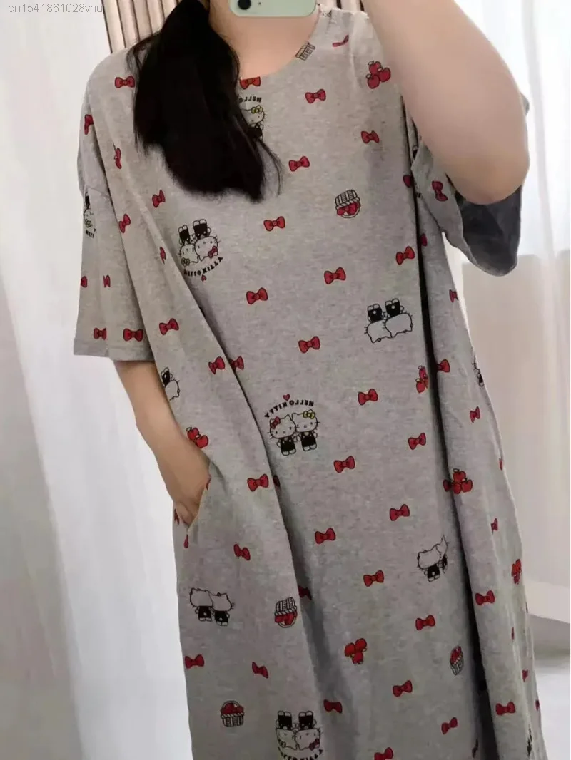 Sanrio Hello Kitty Kawaii Nightgown Girl Y2k 2000s Summer Short Sleeved Pajamas Dress Women Casual Sleeping For Sleepwear Female