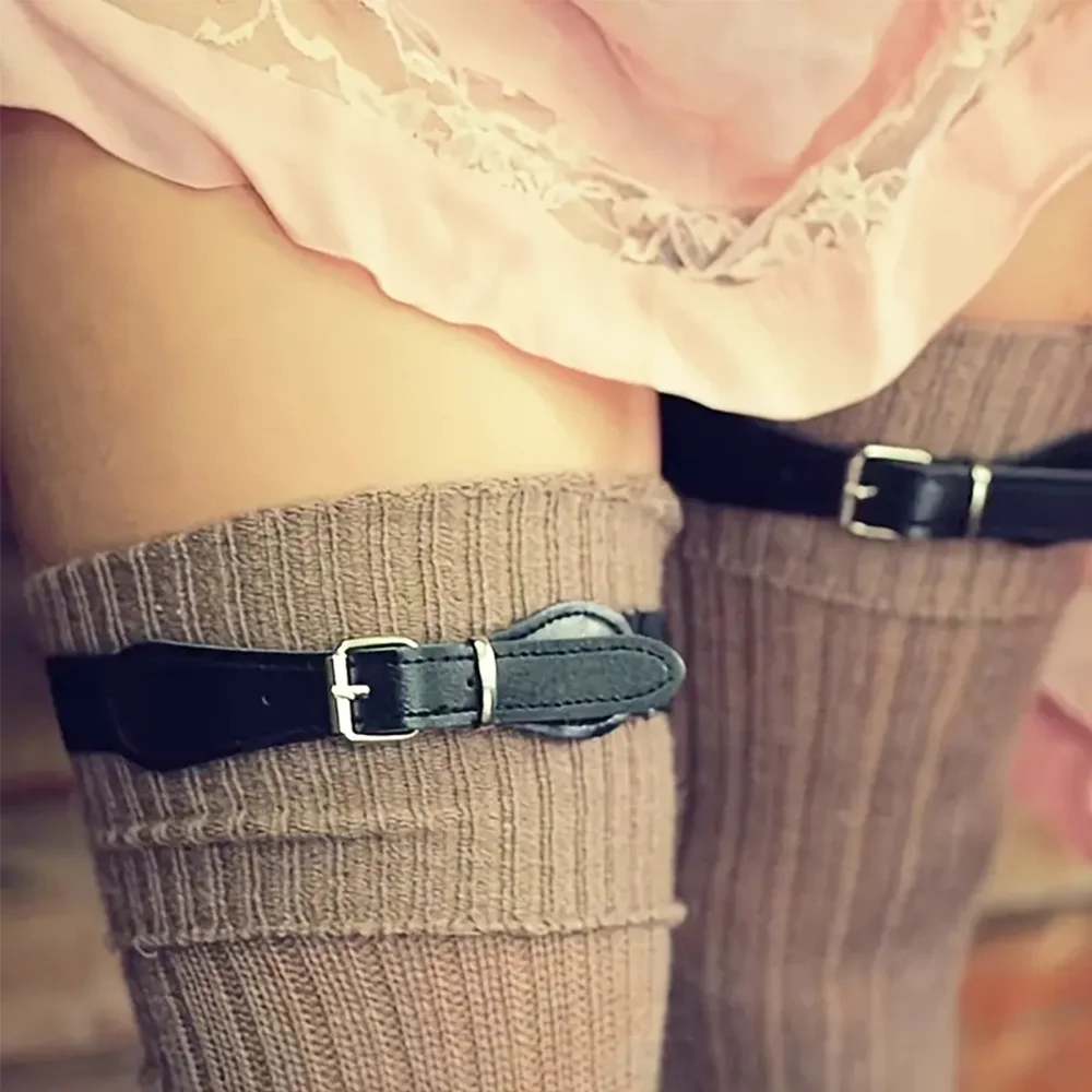 BLACK Elastic Clip Garters For THIGH High Socks Buckles Faux Leather Elastic Stocking Suspenders Vegan Adjustable Over Socks