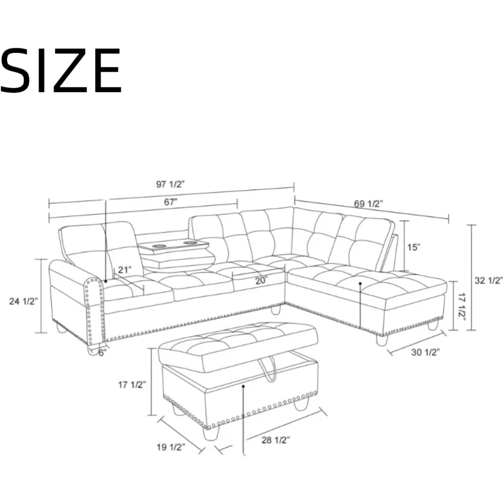 L Shaped Sectional Couches, Modular Sectional Sofa with Ottoman Storage, Nail-Head Design Lounge Sofa