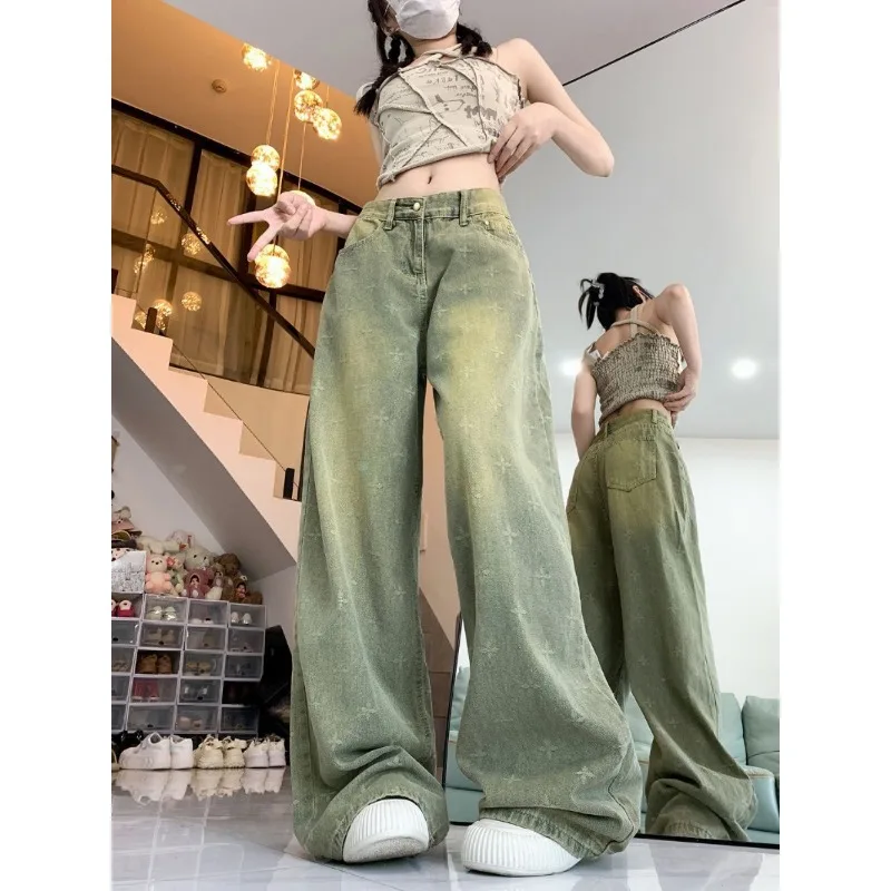 Deeptown Y2K Vintage Women Jeans Cross Harajuku Wide Leg American Retro Denim Pants Grunge Baggy Trousers Autumn Hip Hop Casual