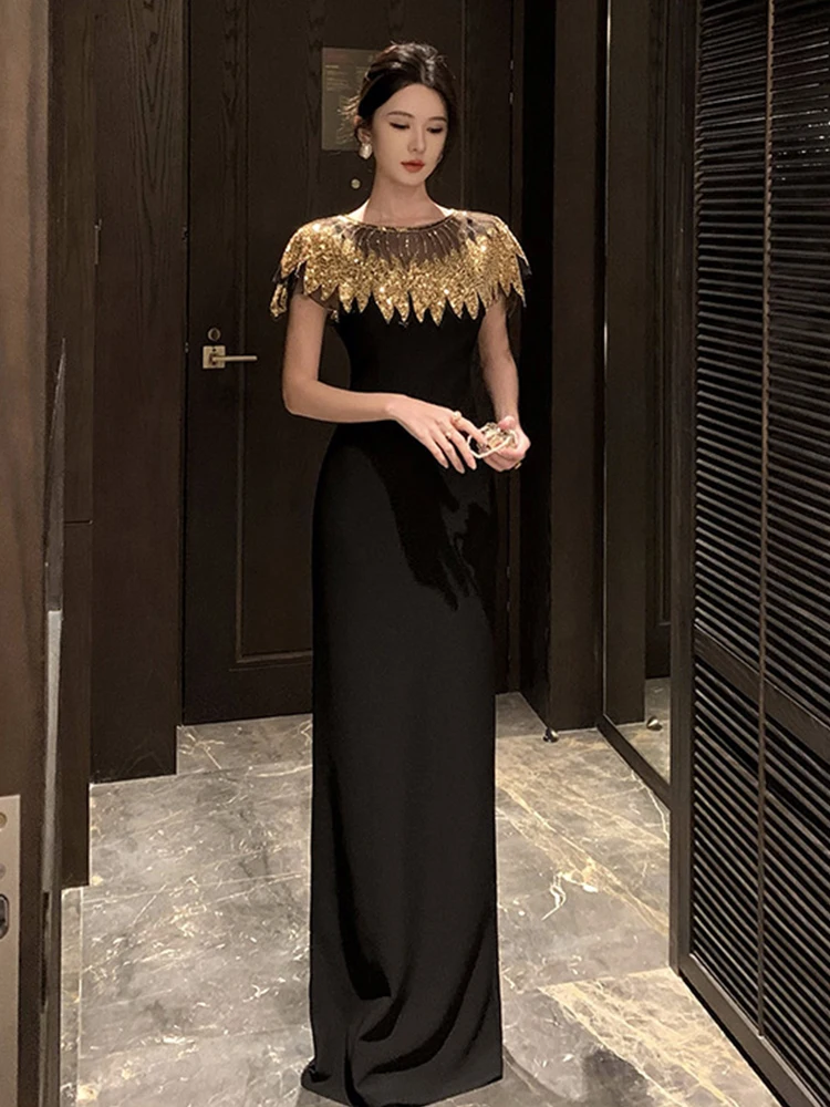เสื้อผ้าผู้หญิงหรูหราชุดราตรีหรูหรา Retro เซ็กซี่ Sheer Sequins Shawl สลิงยาว Robe หญิง Party Club Prom Vestidos Mujer