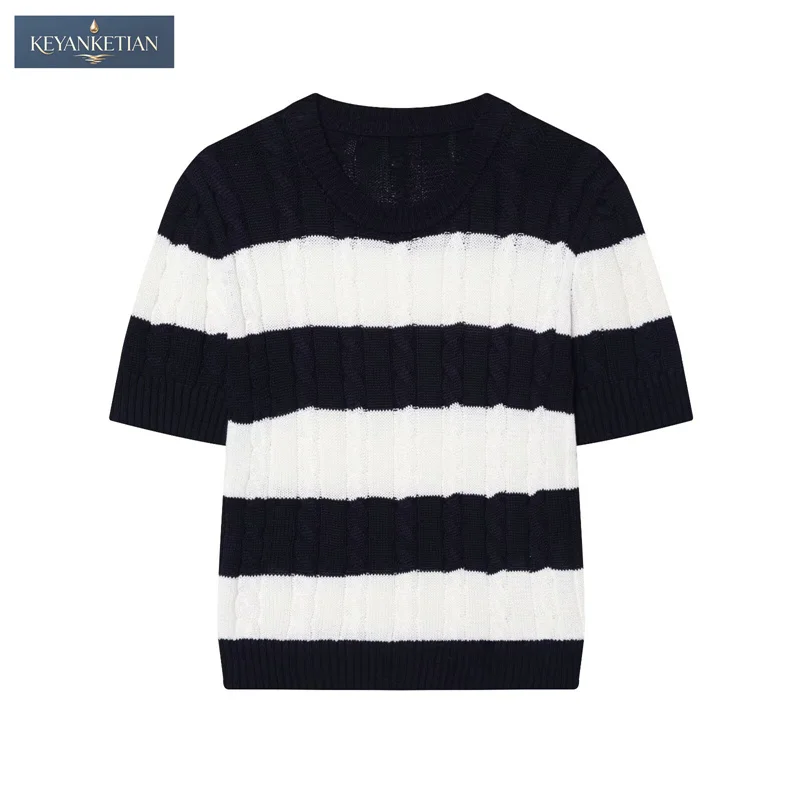 

KEYANKETIAN 2026 Preppy Casual Cropped Knit Top Slim Fit Round Neck with Horizontal Stripes & Cable Knit Texture Pullover