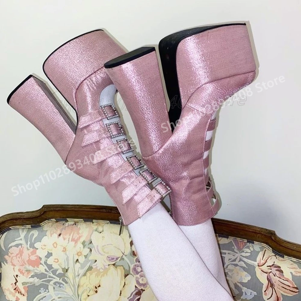 Pink Crystals Buckle Belts Hollow Mid Calf Boots Platform Chunky High Heel Fashion Sexy Women Shoes 2025 Party Para Mujere