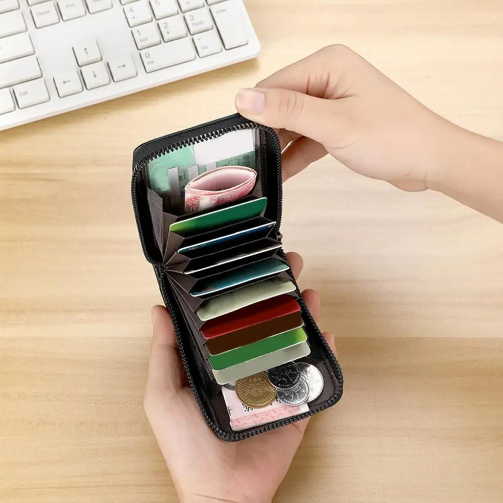 Slim Card Wallet Thin Credit Card Holder with ID Window Zip Closure Faux Leather Card Pouch for Cash Cards