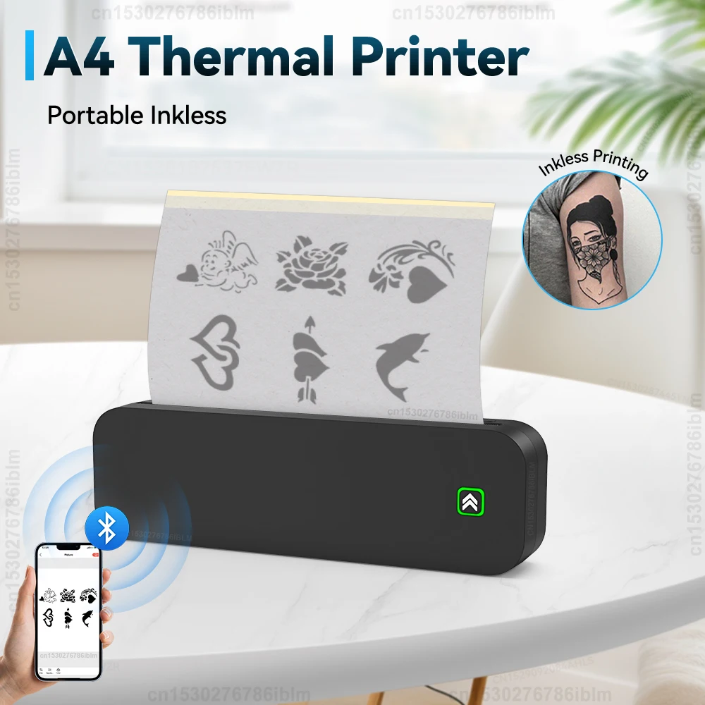 Portable A4 Thermal Printer Wireless Bluetooth PDF Document Mobile Photo Printer Paper Roll Inkless Tattoo Stencil Printer Print