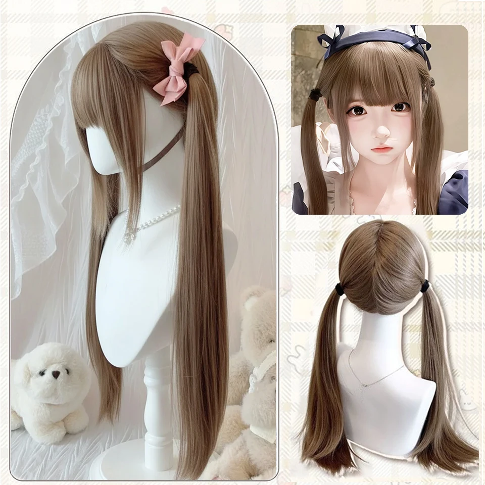 30 Inch Brown Synthetic Lolita 2 Ponytail Wigs Bangs Wig Heat-Resistant Natural And Smoot Daily Wear Cos For Women