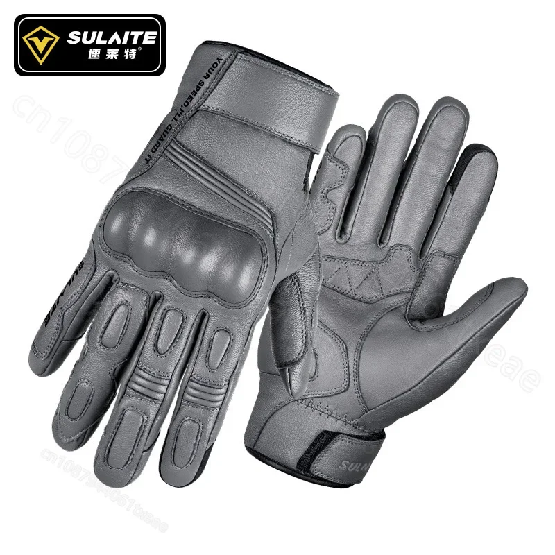 SULAITE goatskin warm plus fleece cycling gloves Motorcycle Touchscreen Vintage Leather Gloves Protective Cycling Gloves guantes