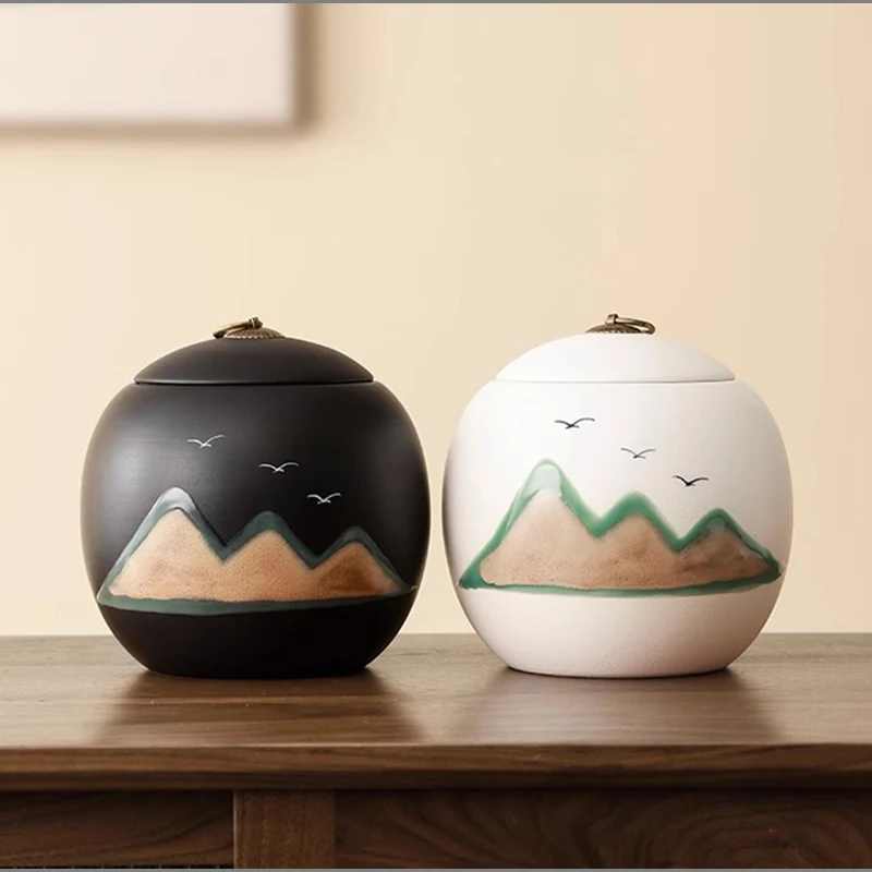 

Creative Peak Ceramic Tea Caddy Black White Round Candy Jar Household Moisture Proof Coffee Beans Nut Medicinal Herb Storage Jar