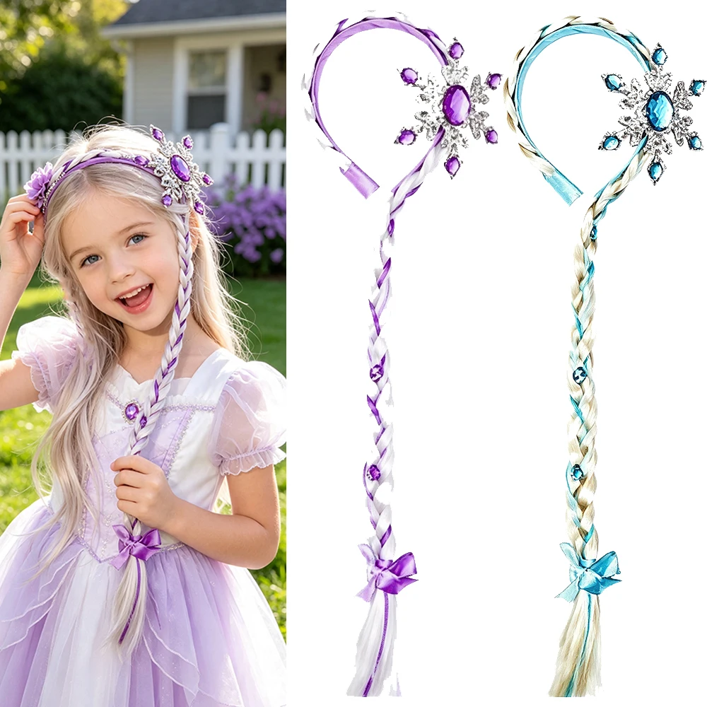 Cute Princess Braid Hairband Wig Set with Pretty Bow and Sparkly Hair Accessories for Girls Halloween Birthday Party Dress Up