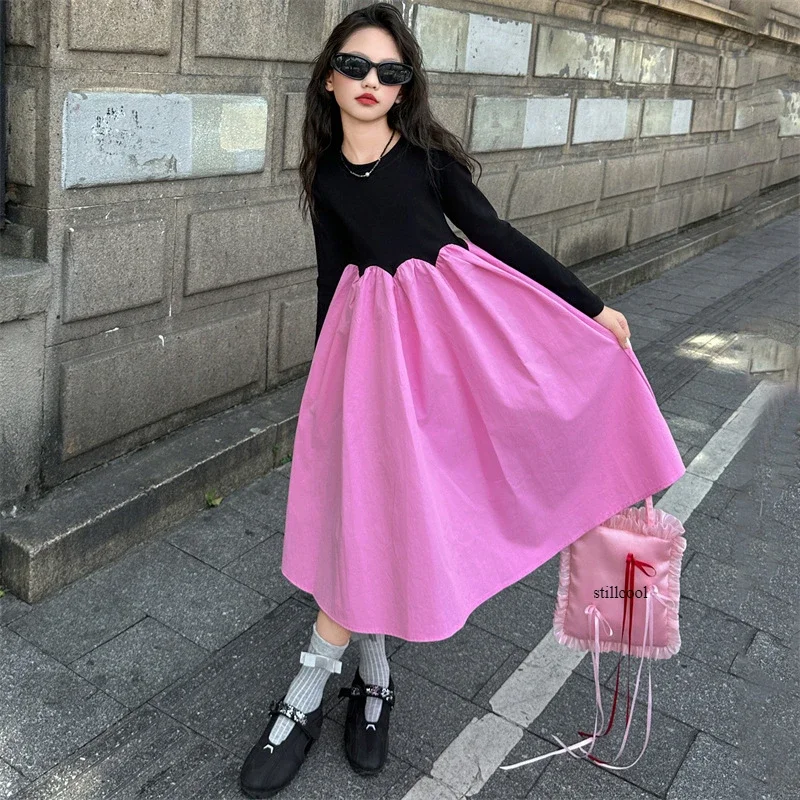 

Teen Girls Autumn Dress Long Sleeve Patchwork Fashion A-line Dresses for Kids 2024 New Casual Slim 10 12 Years Children Clothes