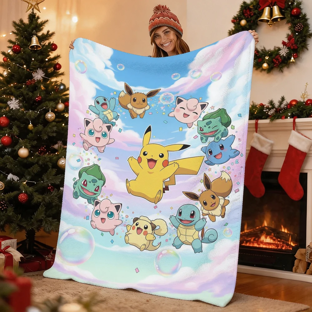 Pokemon Pikachu Gengar Bulbasaur Charmander Squirtle Psyduck Flannel Throw Blanket Soft Warm Blanket for Sofa Bed Home Decor Gif
