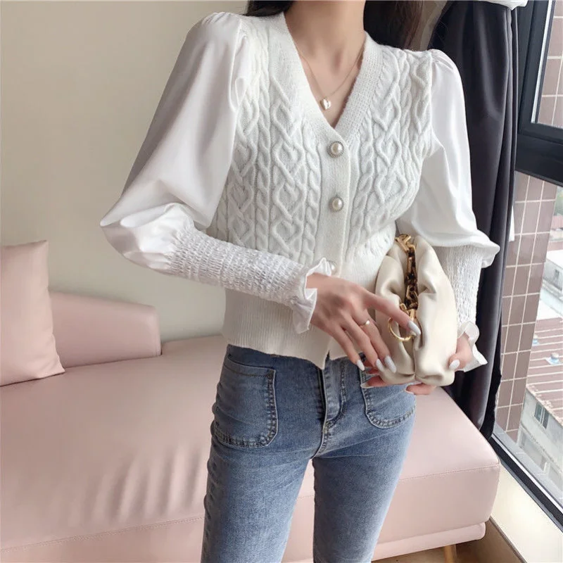 Bottom Shirt Fashionable Puff Sleeve Top Women's Autumn Winter Short Knitted Sweater
