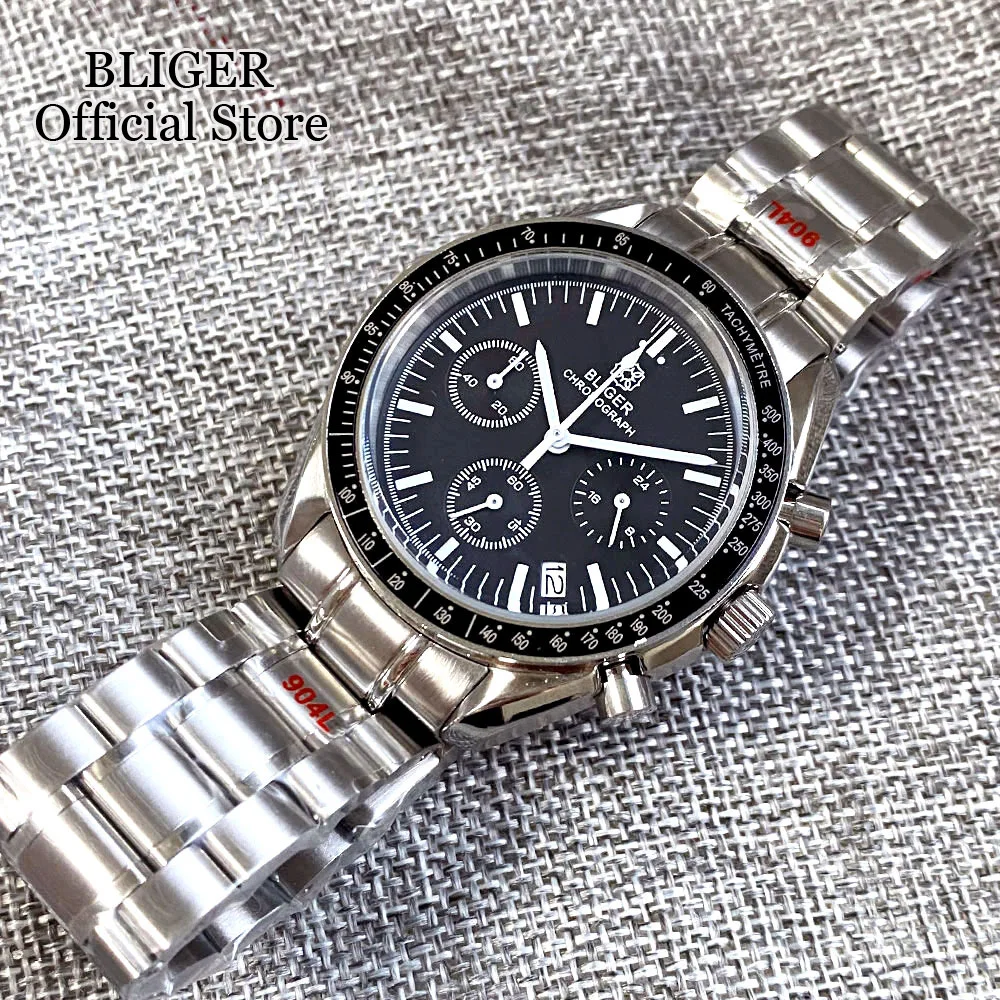 Bliger luxo 40mm velocidade cronógrafo relógio de quartzo para homem vk63 movimento preto verde dial data automática aço inoxidável pulseira