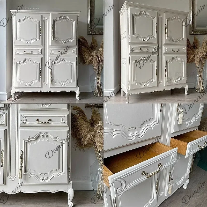 XB French Vintage Solid Wood Sideboard And Carved Storage Cabinet, Rustic Decor For Small Space