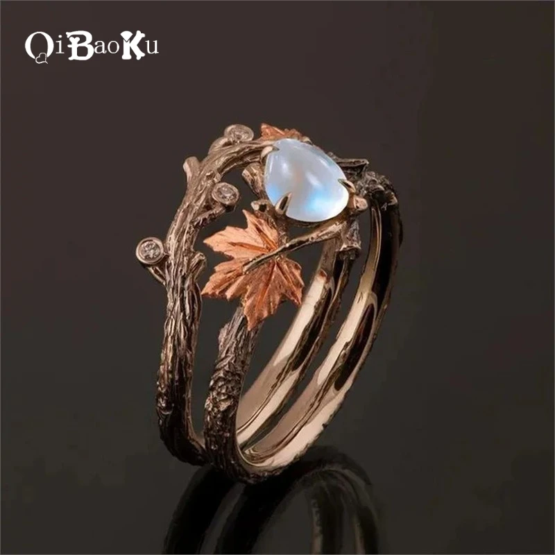 

Vintage Ring for Men Women Bohemian Maple Leaf Moonstone Ring European Court Index Finger Ring Irregular Inlay Christmas Gifts