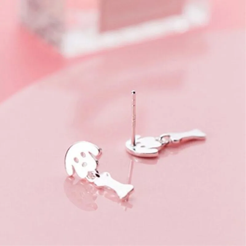 Creative Korean Style Fashion 925 Sterling Silver Jewelry Cute Dog And Bone Female Exquisite Gift Stud Earrings  E112