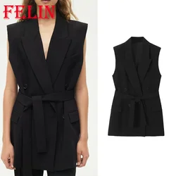 TRAF 2023 Women Autumn Casual Solid Belt Vests StreetWear Straight Sleeveless Long Tops Winter Fashion Black V Neck Ladies Shirt