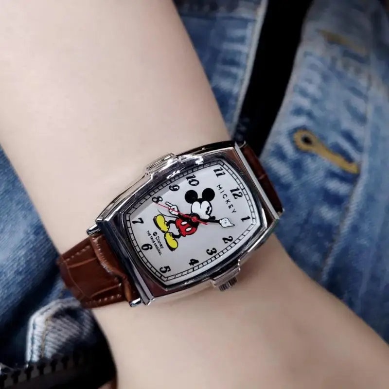 Disney Original Unisex Men Women Tonneau Dial Mickey Mouse Quartz Wristwatch Luminous Waterproof Boy Girl Student Cartoon Clock