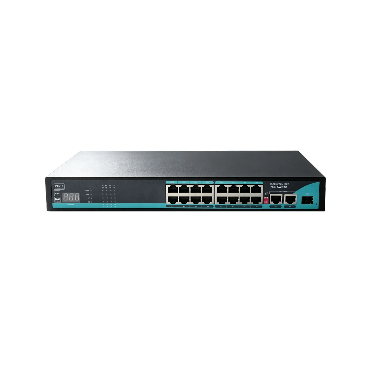 Gigabit 16 Ports AI PoE++ Switch Digital Display 2 RJ45 Uplinks 1 SFP 300W Power 250m PoE VLAN Isolation