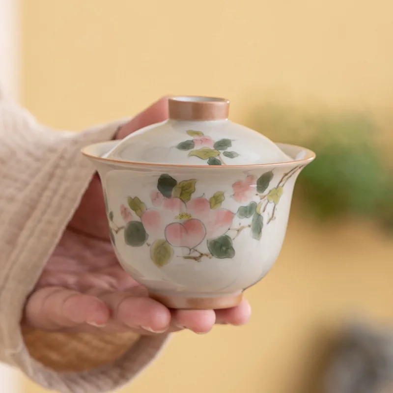 Hand Tea Cover Bowl Household Ceramic Camellia Two Cover Cup High Temperature Small Fresh Flower Tea Bowl