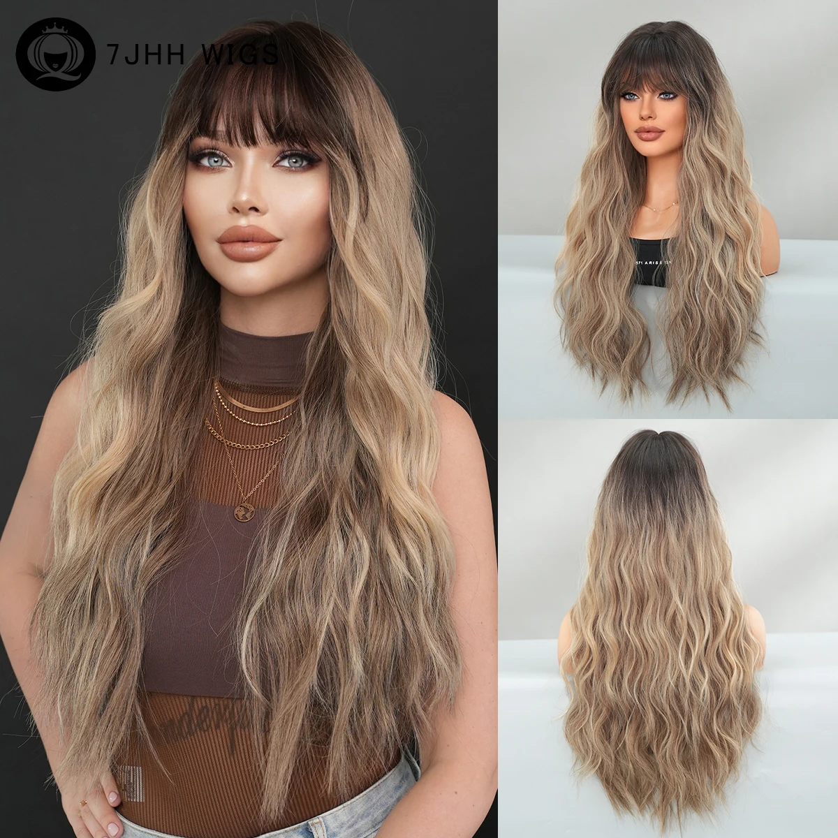 7JHH WIGS Syntetyczna luźna falowana brązowa peruka z ciemnymi korzeniami Wysoka gęstość Body Wavy Hair Peruki dla kobiet Party Halloween Costume