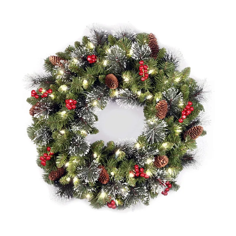 Couronne de pomme de pin de noël LED 20-60cm avec baies rouges couronne de noël artificielle fête du nouvel an décoration DIY ajouter une ambiance de noël