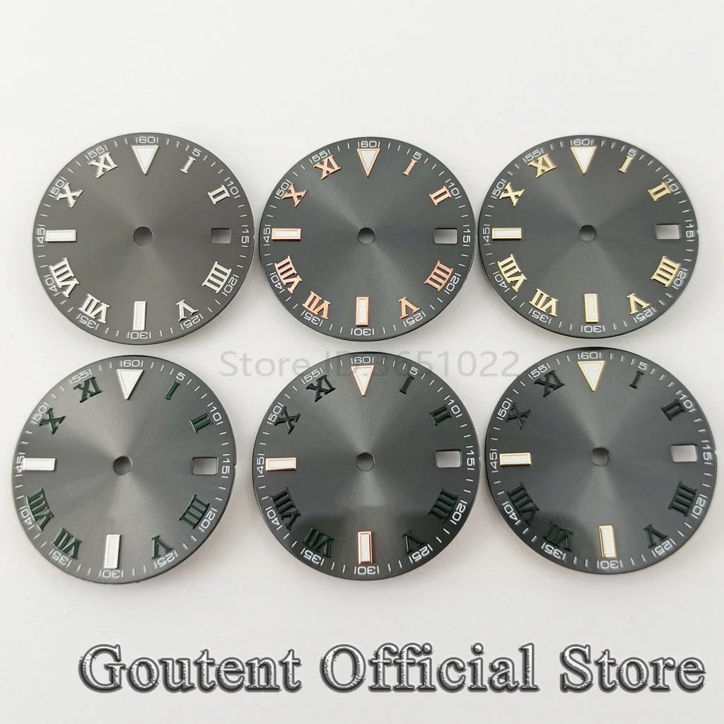 Goutent 29mm Sterile Gray Roman Numeral Watch Dial Green Luminous Fit NH35 Automatic Movement